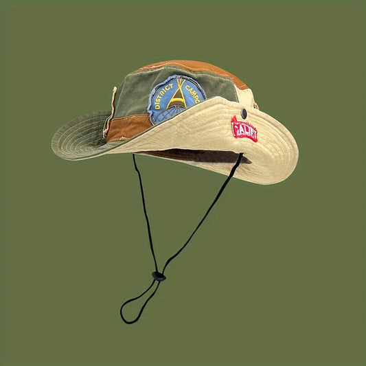 Retro Patchwork Bucket Hat for Men And Women, Streetwear Brand, Suitable for Hiking And Outdoor Camping, Western Cowboy Style.
