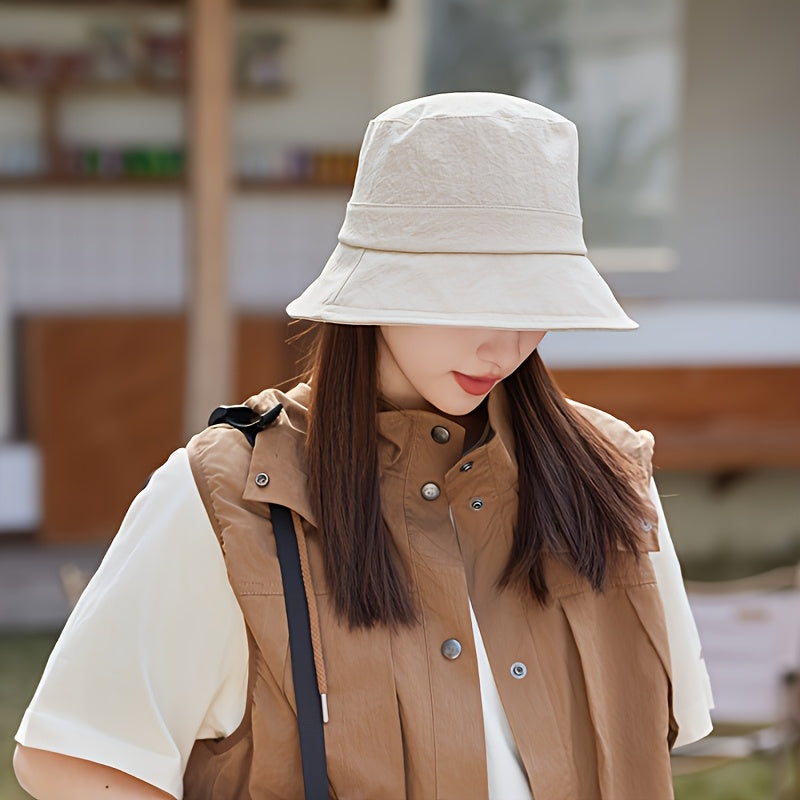 2pcs Women's Foldable Fishing Hats with Metal Wave Logo - Elastic Bucket Hats for Spring\u002FSummer, Lightweight Polyester (White & Black) for Hiking, Park Walks & Beach Outings, Outdoor Accessories, Korean Fashion Hat, Adjustable Hat