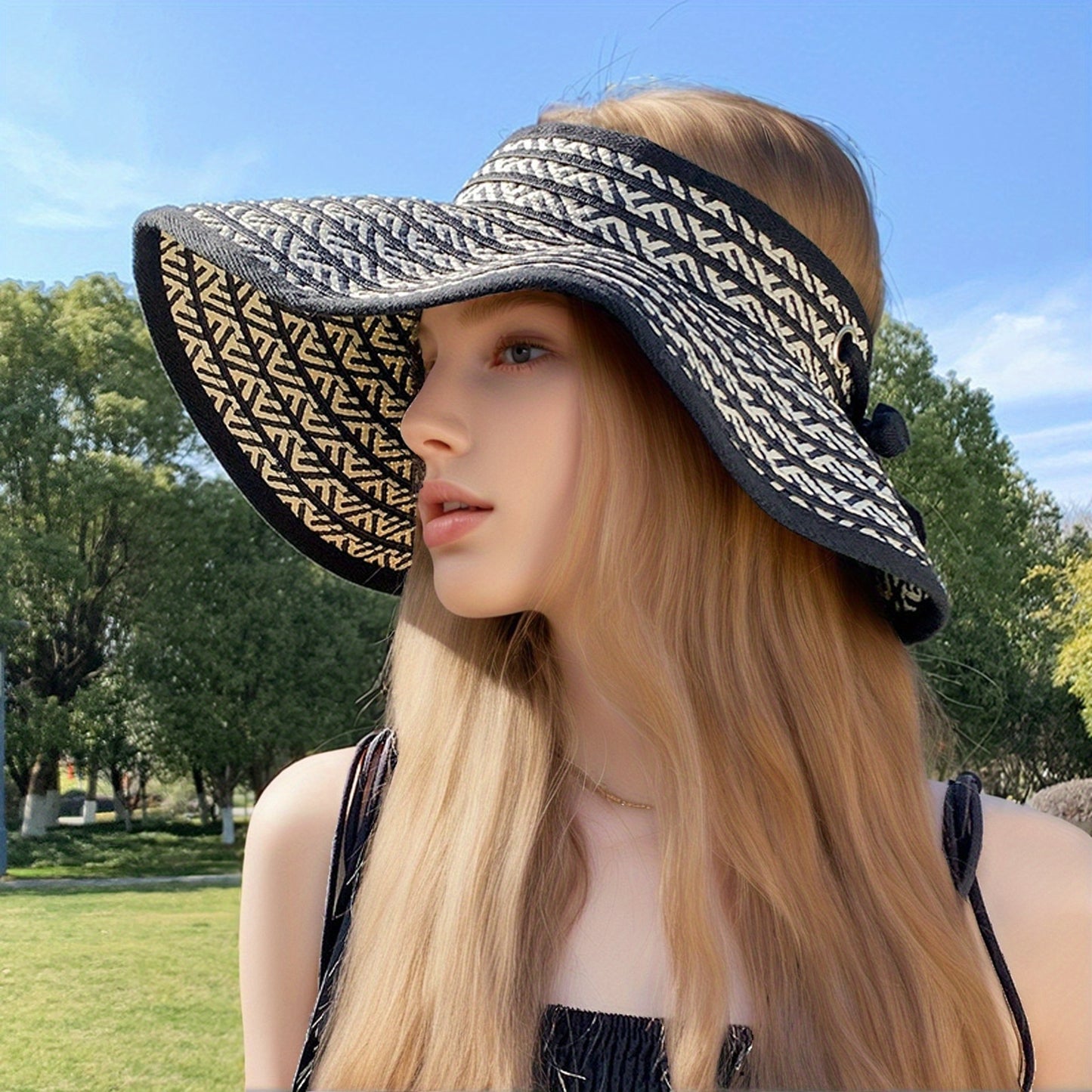 Stylish Sun Hat Lightweight Foldable Women's Wide Brim Sun Hat | Black & White Geometric Pattern, Breathable Summer Beach Hat for Outdoor Activities, Vacation Accessories, Stylish Durable Headwear
