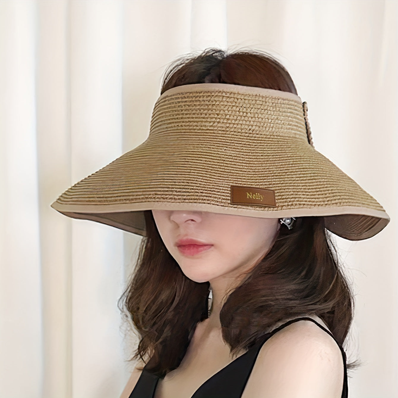 1pc Custom Name Women's Sun Hat - Personalized Golden Monogram Wide Brim Straw-Style Polyester Beach Hat, Foldable Packable Summer Visor with Snap Closure, Mother's Day Birthday Gift