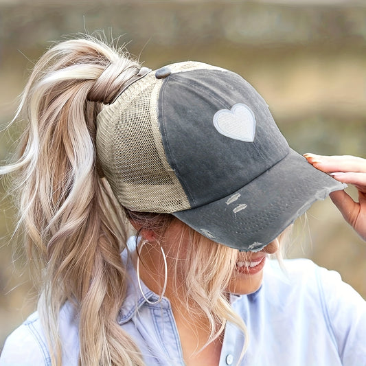 1pc Women's Adjustable Snapback Baseball Cap with Heart Embroidery & Ripped Details - Breathable Mesh Trucker Hat, Ponytail Hole for Outdoor Sports, Golf, Valentine's Day Gifts, Casual Sportswear, Durable Headwear