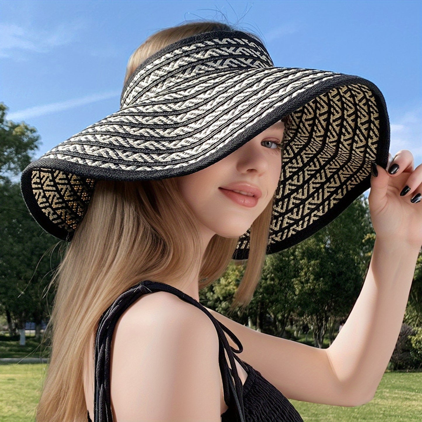 Stylish Sun Hat Lightweight Foldable Women's Wide Brim Sun Hat | Black & White Geometric Pattern, Breathable Summer Beach Hat for Outdoor Activities, Vacation Accessories, Stylish Durable Headwear