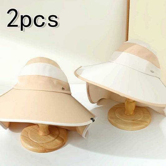 2pcs Women's Lightweight Breathable Sun Visor Hats - Wide Brim, Two-Tone Khaki & Cream, Foldable Design for Outdoor Activities, Camping, Travel, and Fishing