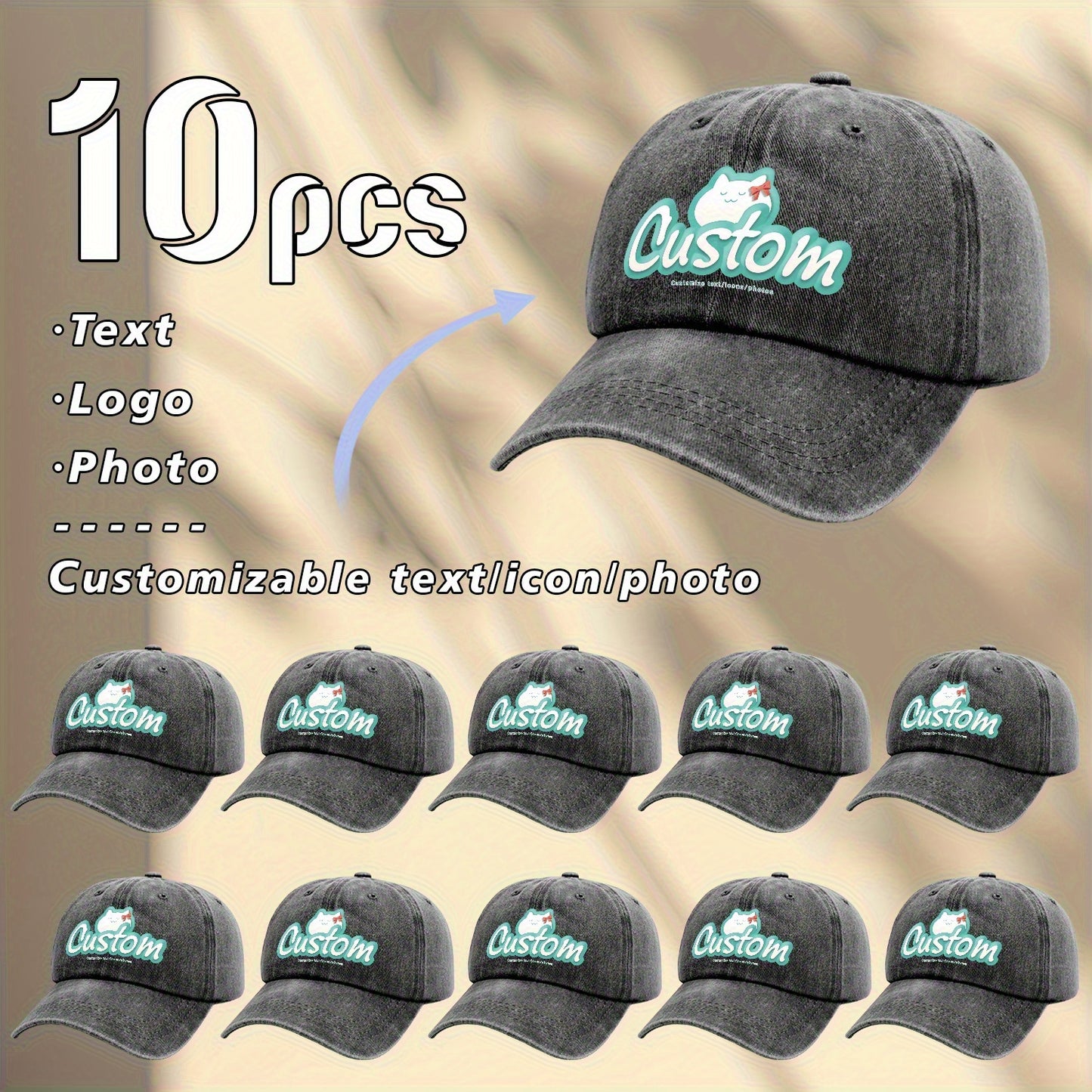 10pcs, Customizable Logo, Personalized Image Photo 10pcs Same Style Retro Fashion Baseball Caps, Customizable Private Patterns, Suitable for Company Team Building Logo or Event Party, Event Customization, Family Customization