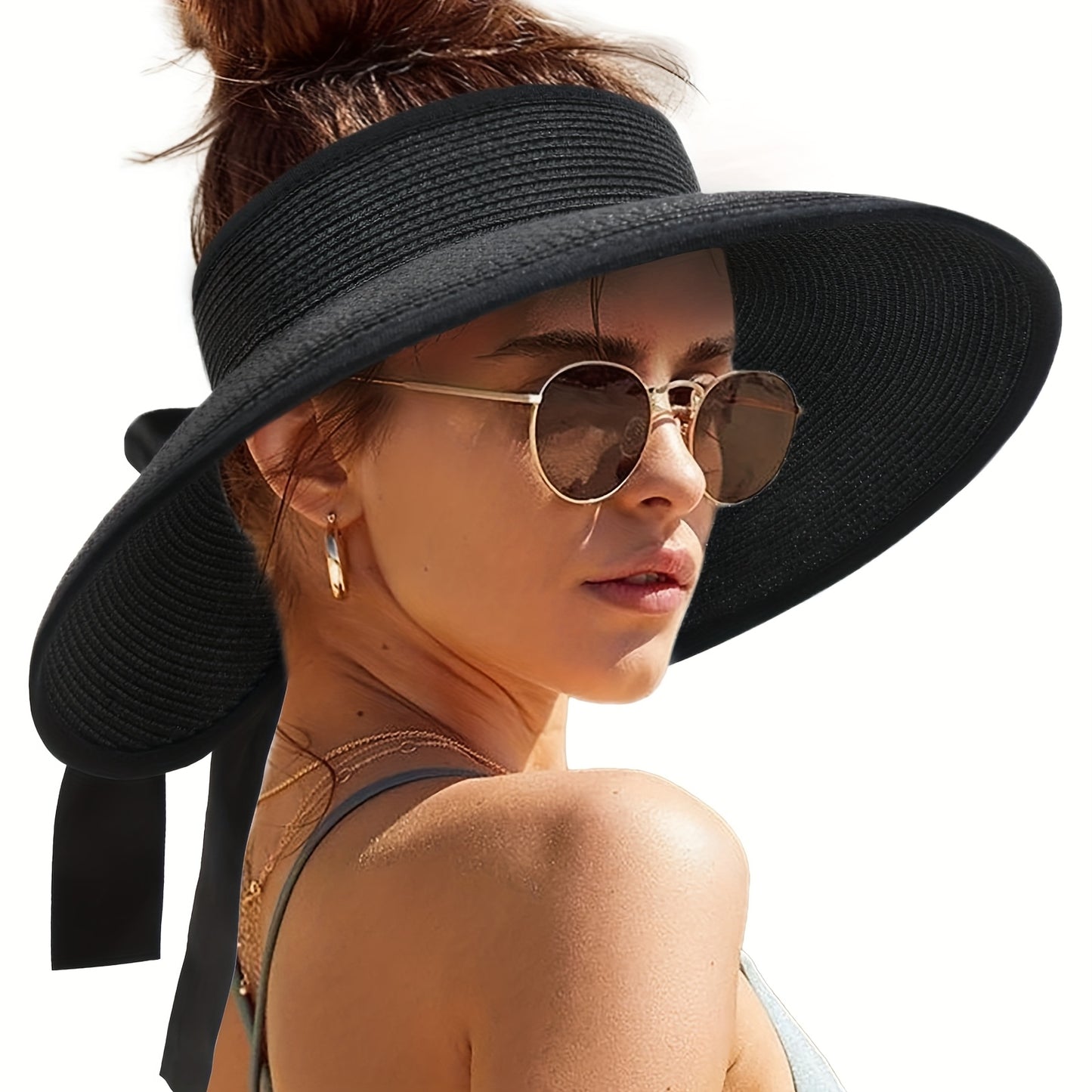 CAMPTRACE Women'S Wide Brim Sun Visor Hat - Foldable Lightweight Straw Beach Hat with Black Trim & Bow Detail, Packable Summer Accessory for Outdoor, Camping, Poolside, Beach Hat, Elegant Accessory, Paper Material