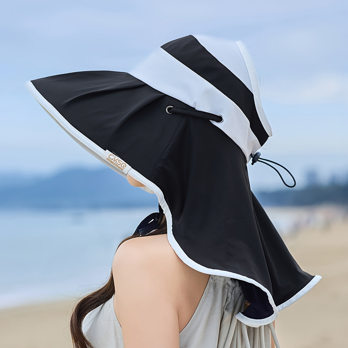 Women'S Stylish Sun Hat with Adjustable Drawstring - Lightweight, Breathable Polyester Visor Cap for Beach, Travel, and Casual Wear - Black and White Design, Wide Brim for Sun Protection, Travel Hat