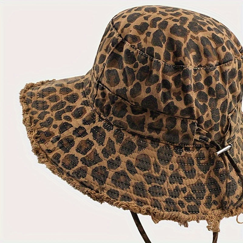 Women'S Lightweight Leopard Print Bucket Hat with Frayed Edge & Adjustable Strap - Wide Brim Sun Hat for Beach, Concerts, Casual Outings - Stylish Outdoor Accessory, Beach Hat
