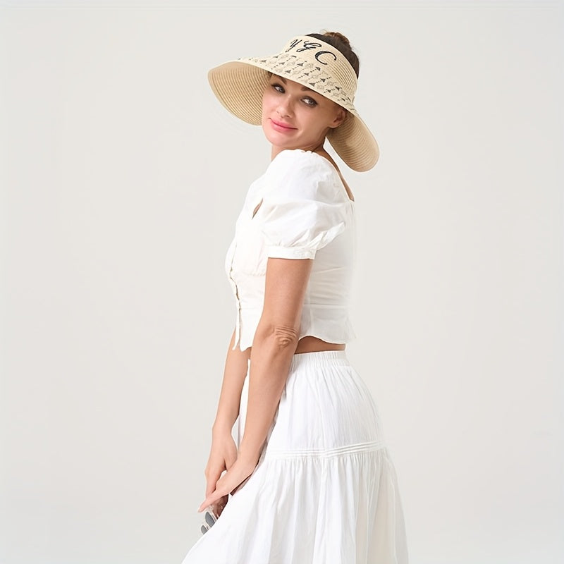 1pc Stylish Geometric Print Beach Hat - Lightweight Paper Straw Sun Visor for Spring & Summer, Perfect for Seaside Vacations, Hand Wash Only, Vacation Accessory|Elastic Visor Design|Strapless Desig