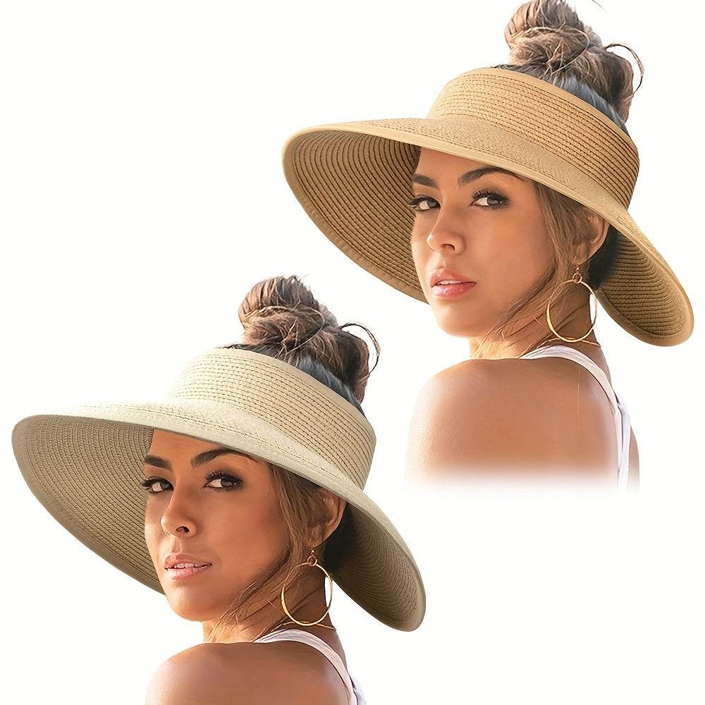 2pcs Women's Straw Sun Visor Hats Wide Brim Packable Foldable Breathable Summer Beach Hats for Outdoor Travel, Ponytail Roll-Up Design, Hand Washable, Foldable Sun Hat, Casual, Versatile Fashion Accessory, Handwashable Fabric
