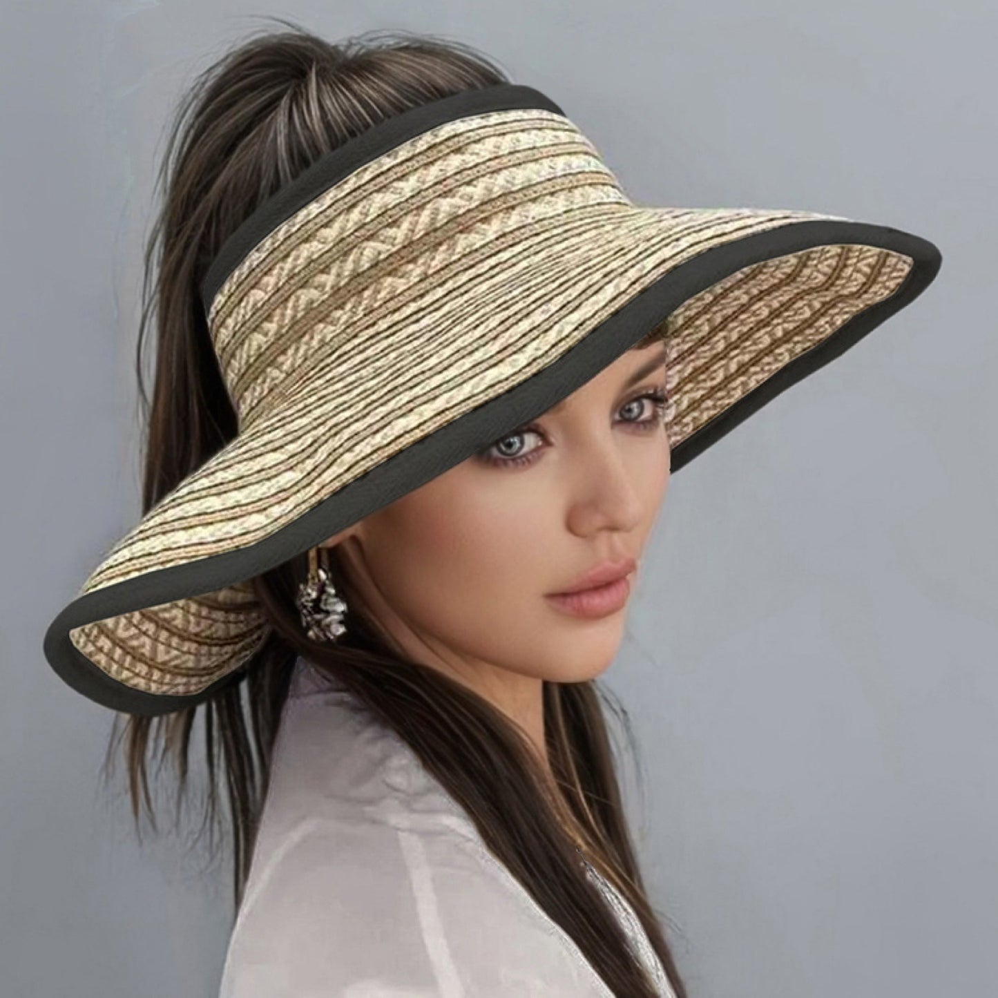 Stylish Sun Hat Lightweight Foldable Women's Wide Brim Sun Hat | Black & White Geometric Pattern, Breathable Summer Beach Hat for Outdoor Activities, Vacation Accessories, Stylish Durable Headwear