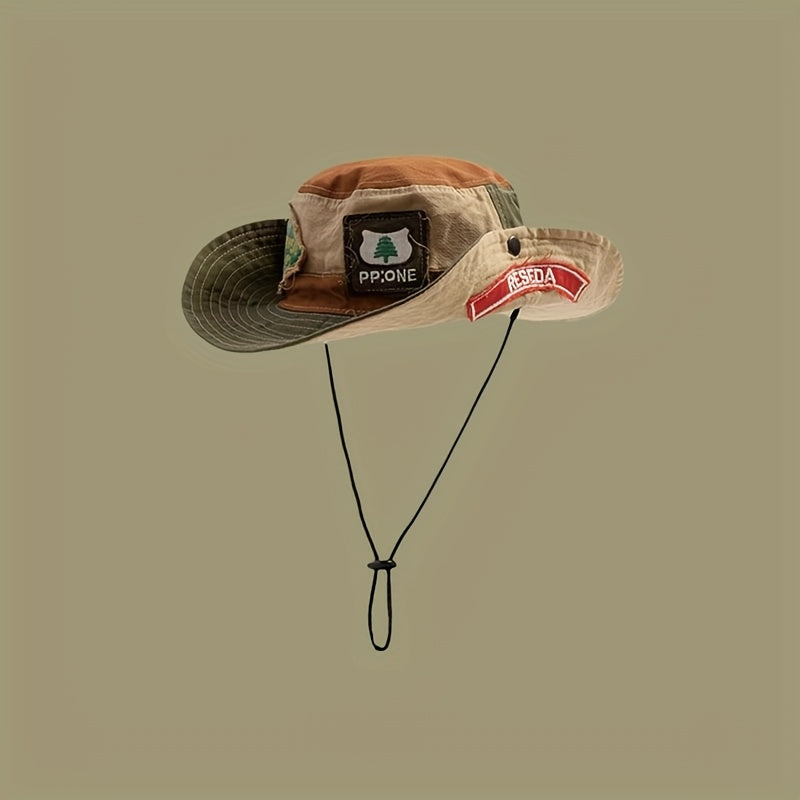 Retro Patchwork Bucket Hat for Men And Women, Streetwear Brand, Suitable for Hiking And Outdoor Camping, Western Cowboy Style.