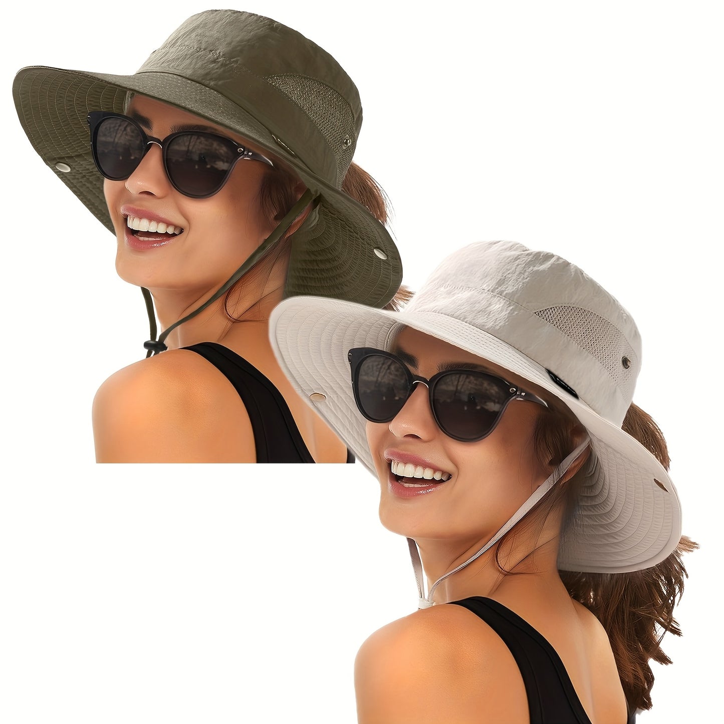 2pcs Women's Wide Brim Sun Hats with Ponytail Hole - Light Gray Breathable Mesh Bucket Hat for Beach, Hiking, Fishing & Outdoor Summer Sunshade, Foldable Design, Hat for, Beach Sunshade, Stylish Bucket Hat, Construction, Secure Fit Elastic