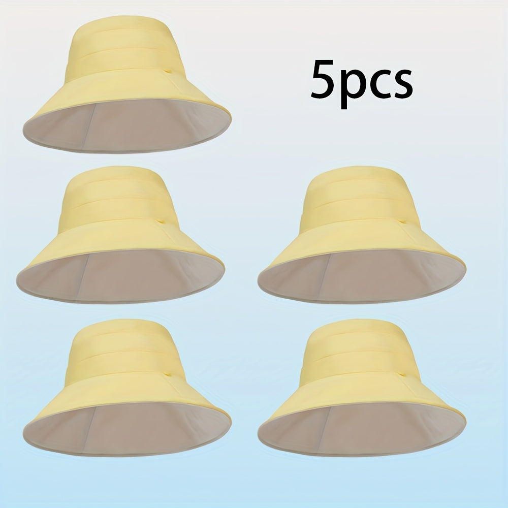 5pcs AOWUUC Women's Double-Sided Quick-Dry Fisherman Hats - Reversible Black & Beige, Lightweight Sun Protection with Adjustable Drawstring, Compact Foldable Design for Outdoor Camping, Beach, Hiking, Beach Hat | Casual Headwear | Durable Headgear