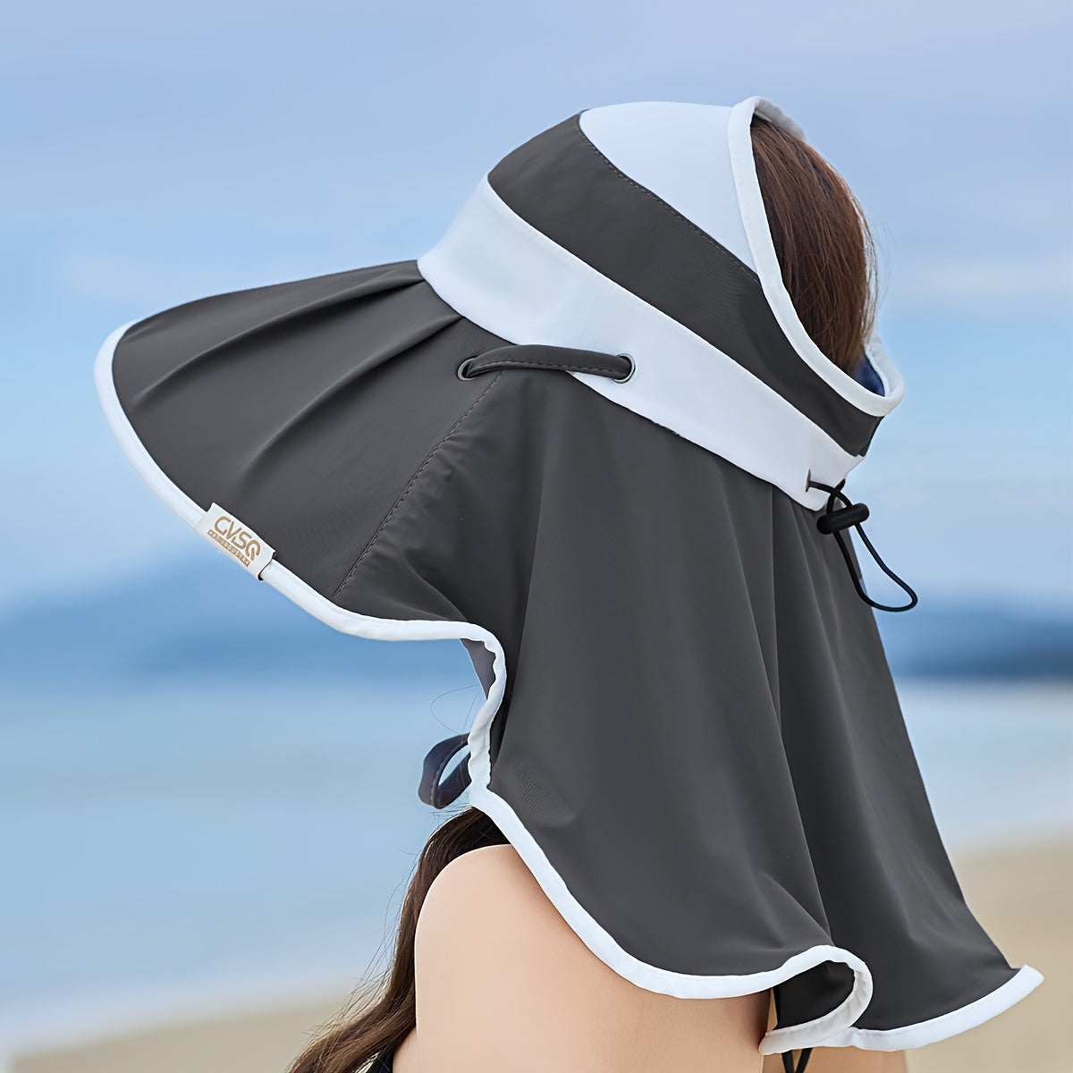 Women'S Stylish Sun Hat with Adjustable Drawstring - Lightweight, Breathable Polyester Visor Cap for Beach, Travel, and Casual Wear - Black and White Design, Wide Brim for Sun Protection, Travel Hat