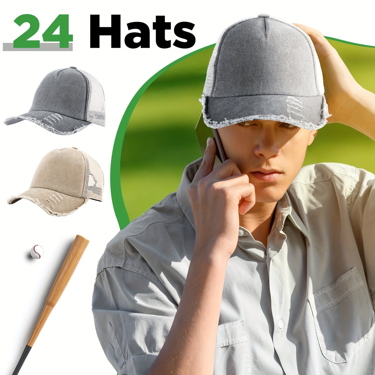 24 Top Vintage Mesh Baseball Cap Loose Pack Adjustable Dad Hat Suitable for Men and Women, Suitable for Golf, Truck, Fishing