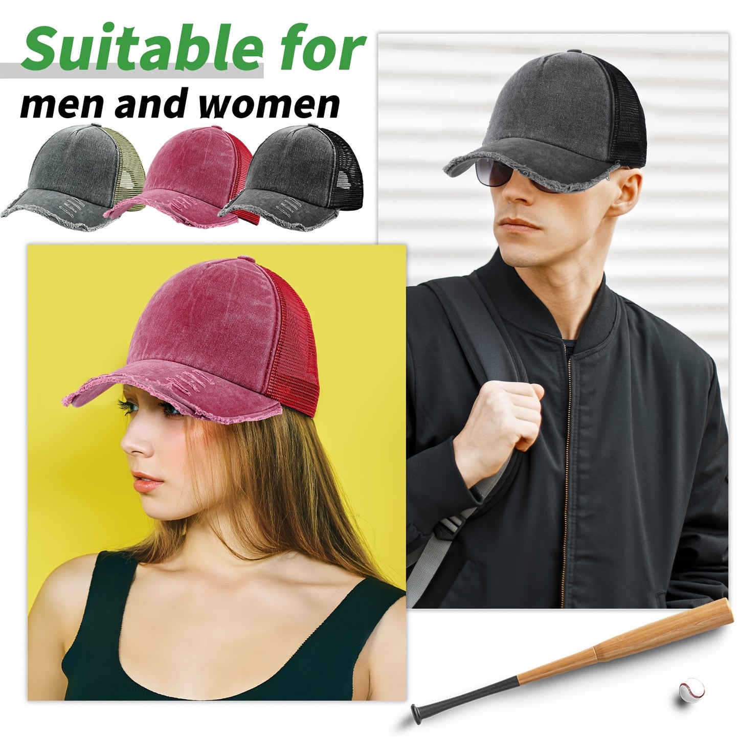 24 Top Vintage Mesh Baseball Cap Loose Pack Adjustable Dad Hat Suitable for Men and Women, Suitable for Golf, Truck, Fishing