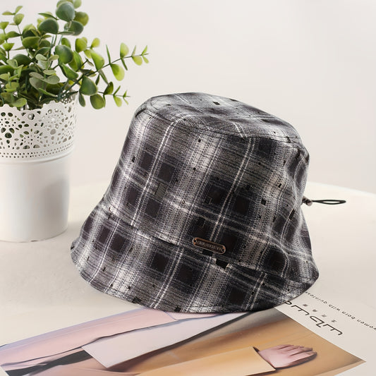 2pcs 2025 Spring Autumn New Fisherman Hat Black+Red, Round Face Suitable, Personality Bucket Hat with Narrow Brim, Versatile Plaid Bucket Hat for Daily Outings, Polyester Fiber