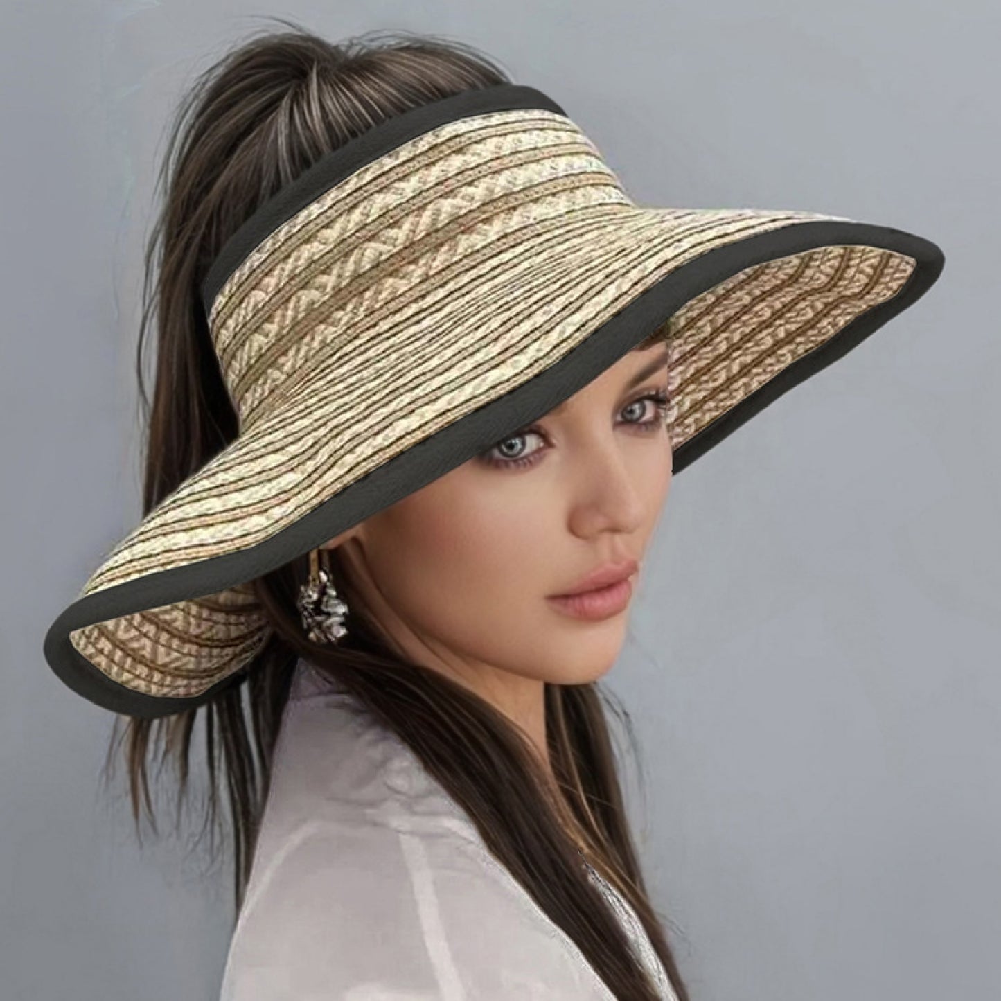 Stylish Sun Hat Lightweight Foldable Women's Wide Brim Sun Hat | Black & White Geometric Pattern, Breathable Summer Beach Hat for Outdoor Activities, Vacation Accessories, Stylish Durable Headwear